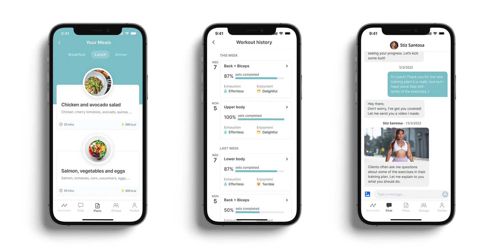 A mockup of the coaching app showcasing the different features.
